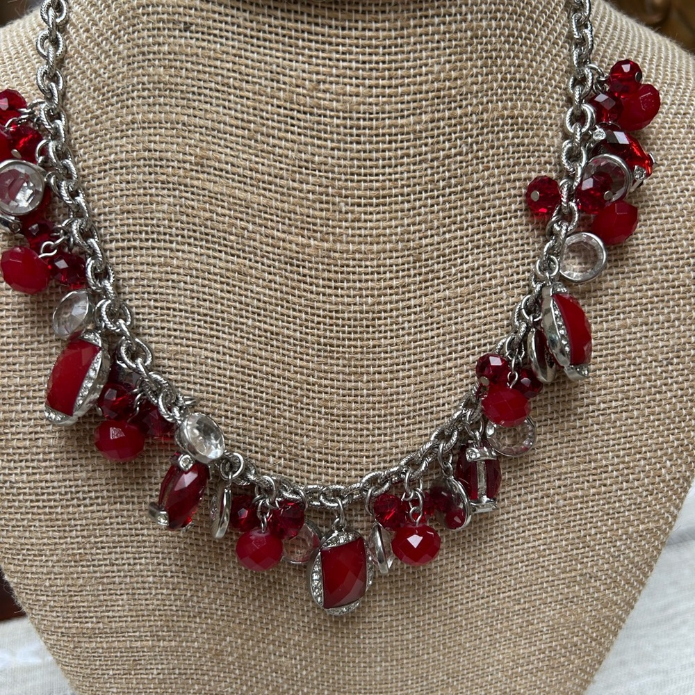 White House Black Market red bead/silver adjustable necklace, 11”